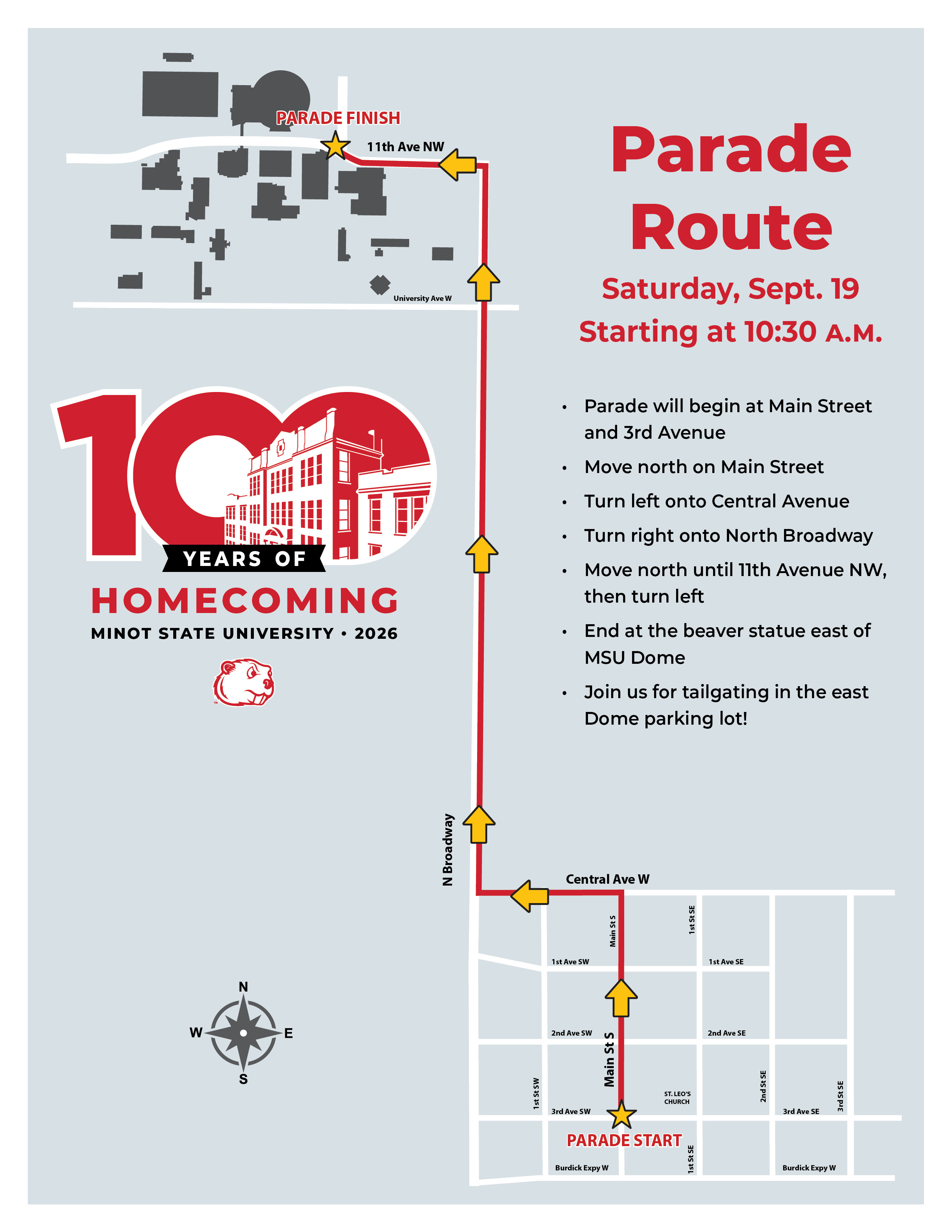 visual of the homecoming parade route starting on Main street and 3rd avenue and ending at the MSU Dome