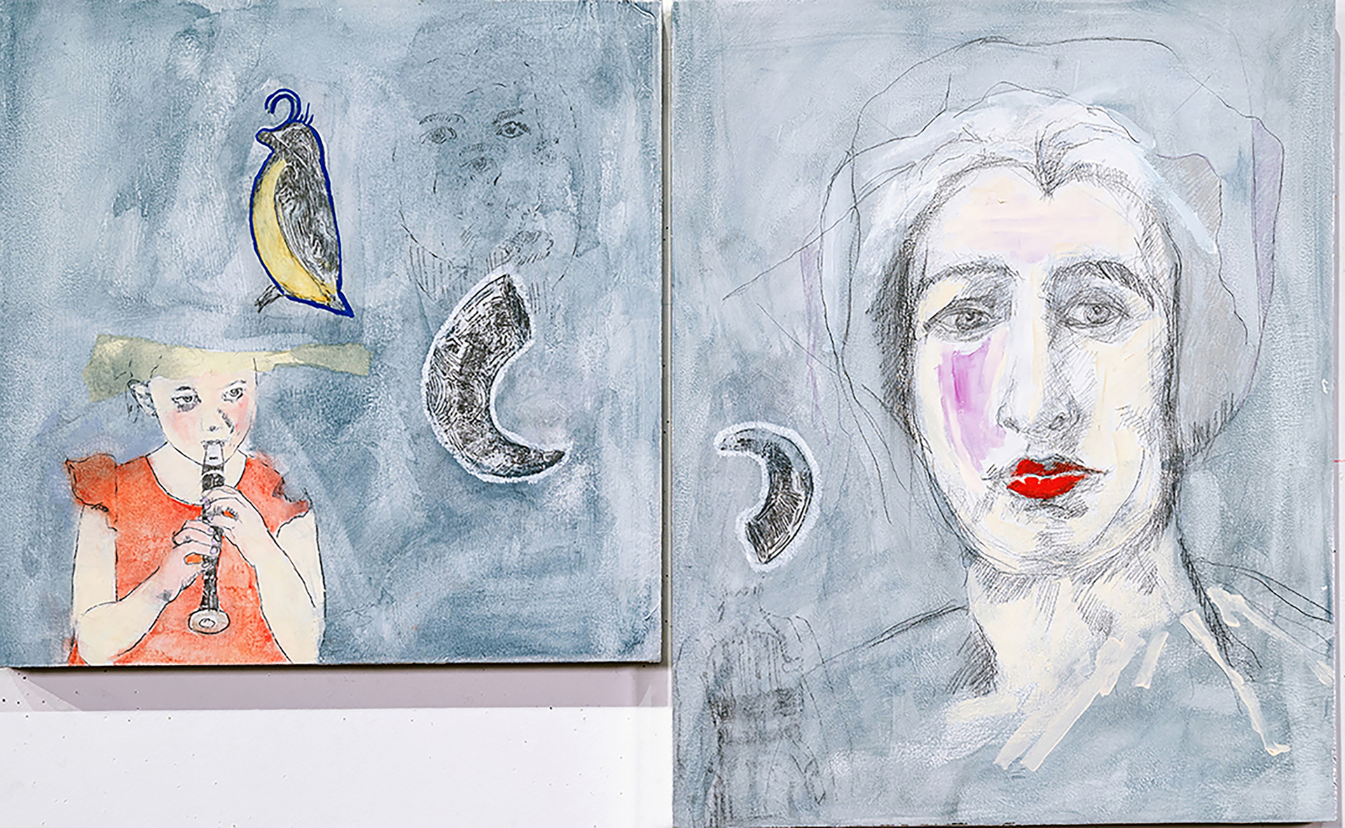 Kathryn Jill Johnson, Huntsville, AL, USA. “Secretly Familiar,” graphite, oil, ink, pastel, and gold leaf on panel.