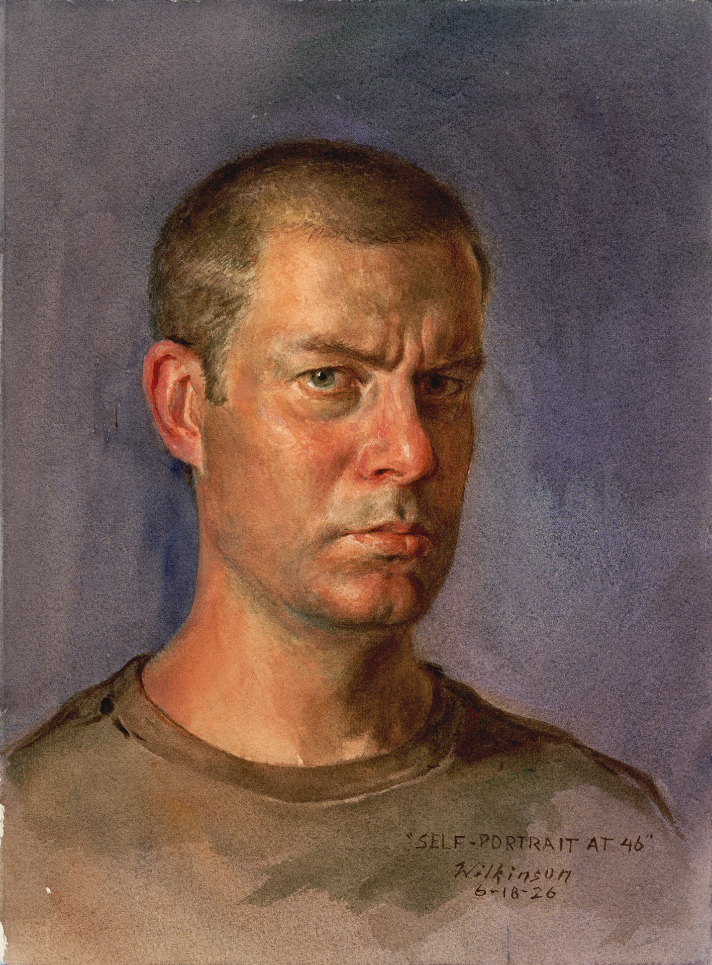 Derek Wilkinson, Emporia, KS, USA. “Self-Portrait at 46,” watercolor on paper.