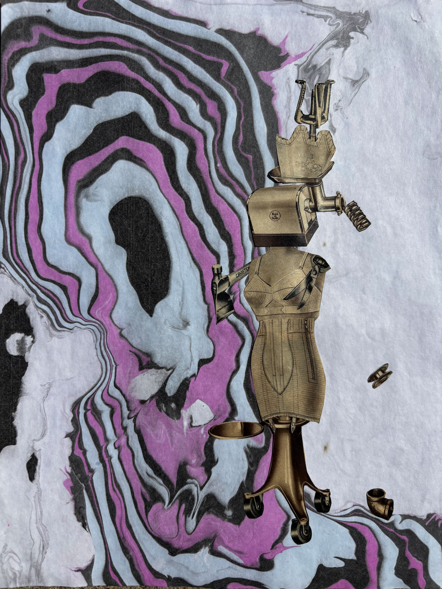 Deana Novak, Williston, ND, USA. “Galactic Femme-Bot 005,” collage on Suminagashi dyed paper.