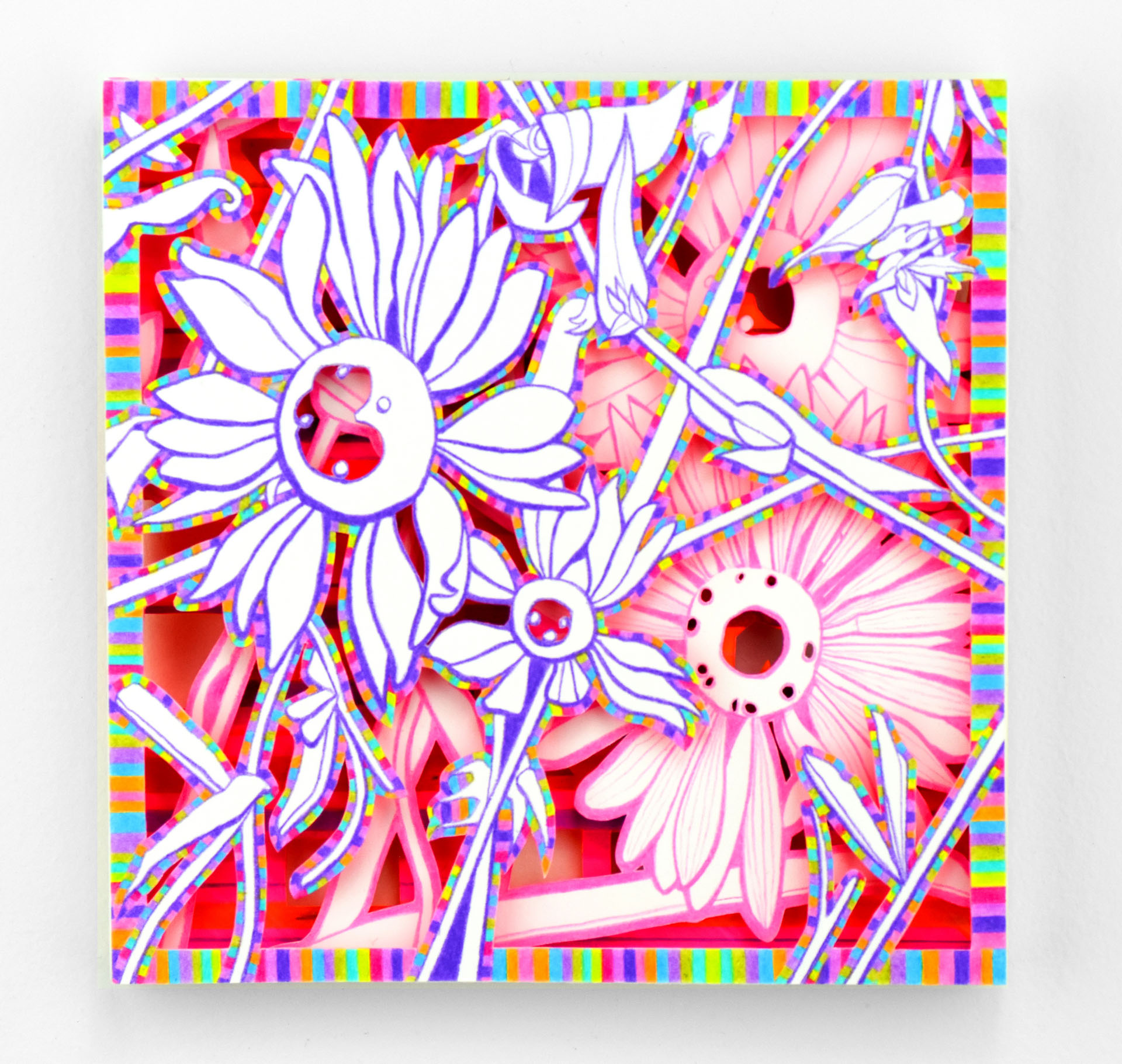 Nikki Painter, Chesterfield, VA, USA. “Small Layered Garden (Firewheel Web),” gouache, colored pencil on layered paper and foam board.