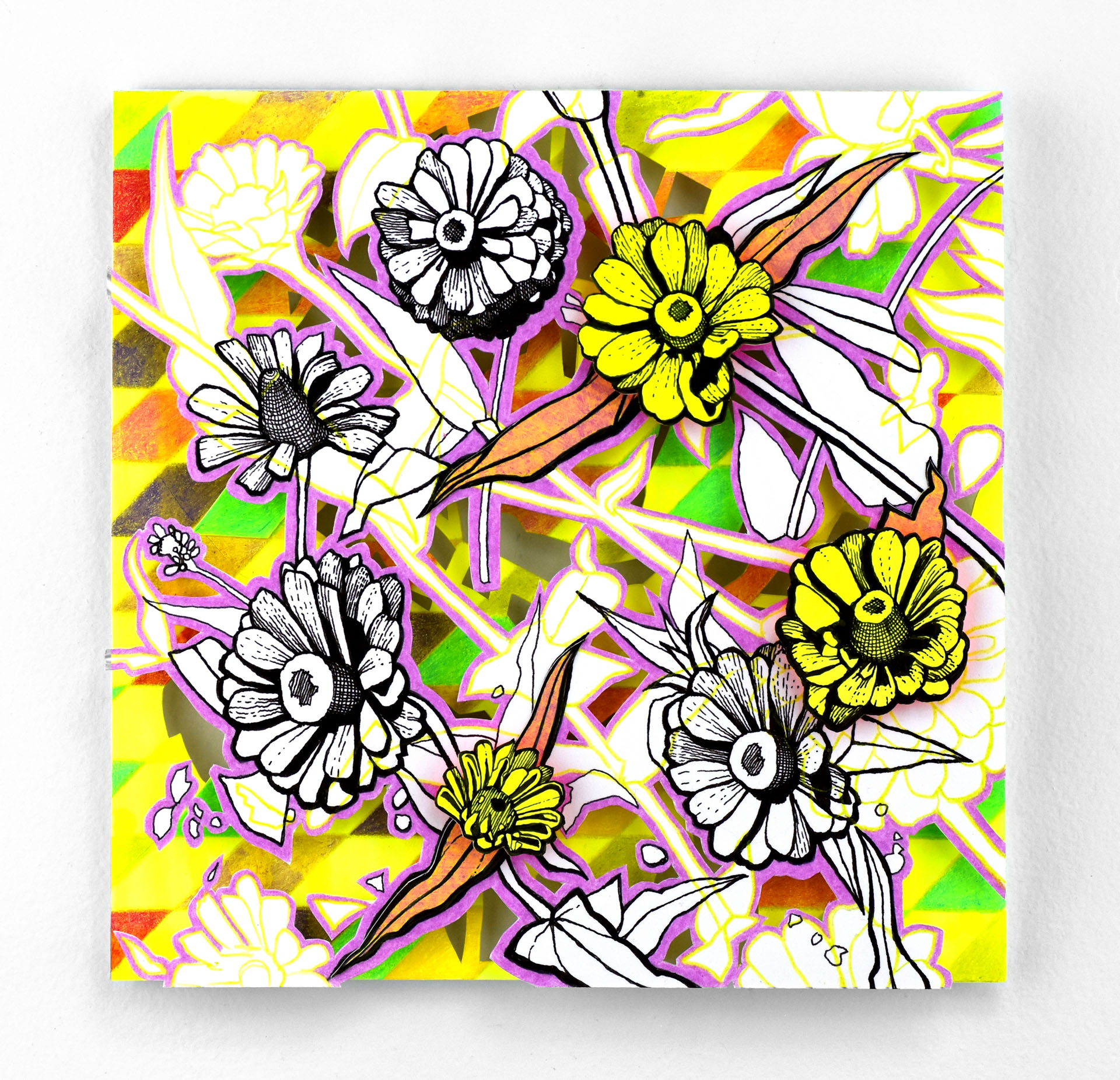 Nikki Painter, Chesterfield, VA, USA. “Small Layered Garden (Yellow Zinnias),” gouache, colored pencil on layered paper and foam board.