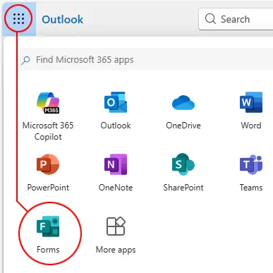 Illustration showing how to find the app launcher icon after logging into Outlook, under which Forms listed.