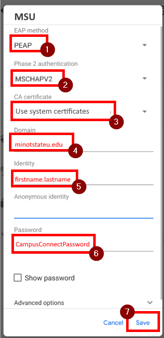 MSU Wireless Network type is PEAP, MSCHAPV2, No Verify Certificate, Domain is minotstateu.edu, login/passwords is the same as campus connection