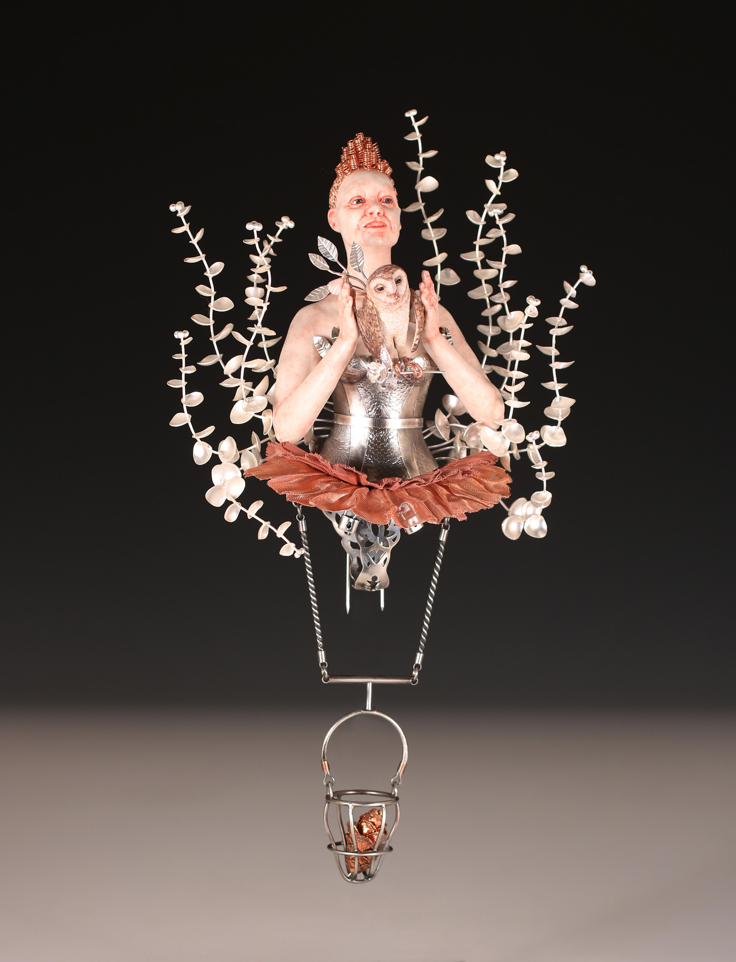 Mindy Herrin-Lewis, Johnson City, TN, USA. “Owl Basket,” porcelain, underglaze, glaze, silver, copper, patina.