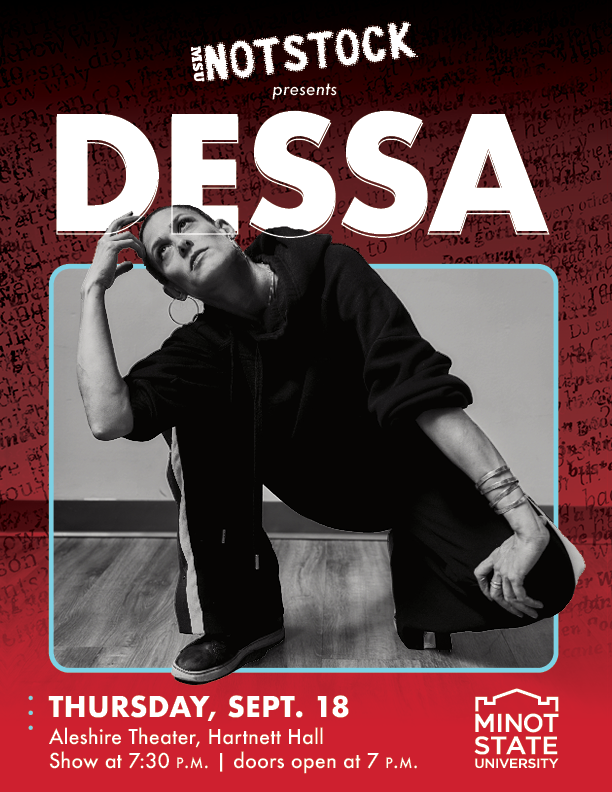 Poster promoting Dessa's concert at NOTSTOCK on Sept 18 at 7:30 in Aleshire Theater