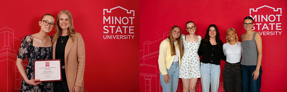 Minot State student Brooklyn Hanelt poses for photos classmates and faculty at an awards banquet