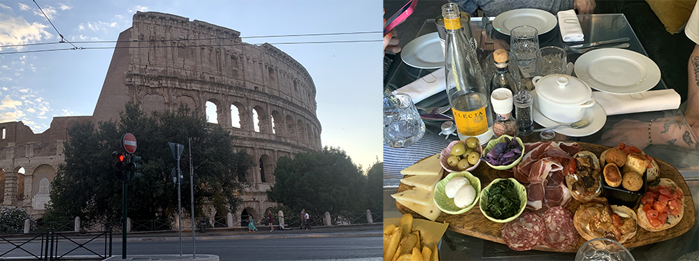 Photo collage of the Colosseum in Rome on the right and an Italian meal on the right.